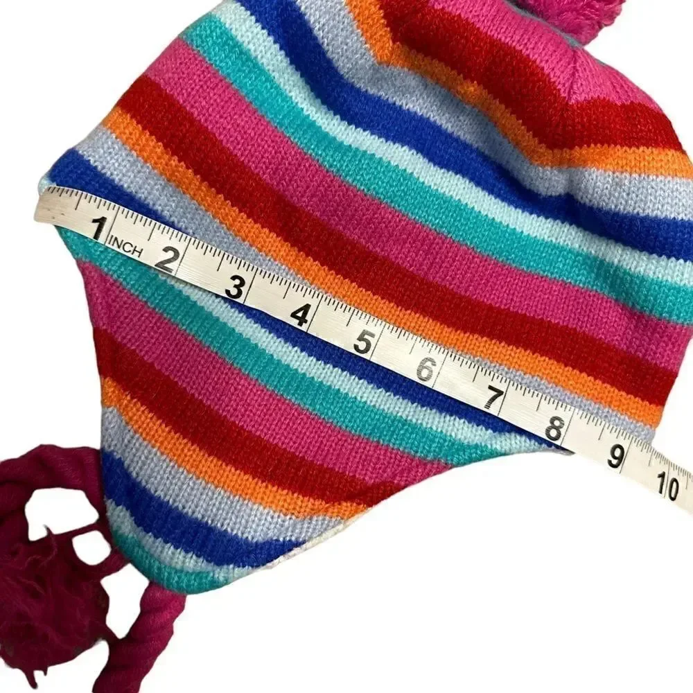 Lands End Pink striped Peruvian fleece lined bobble hat